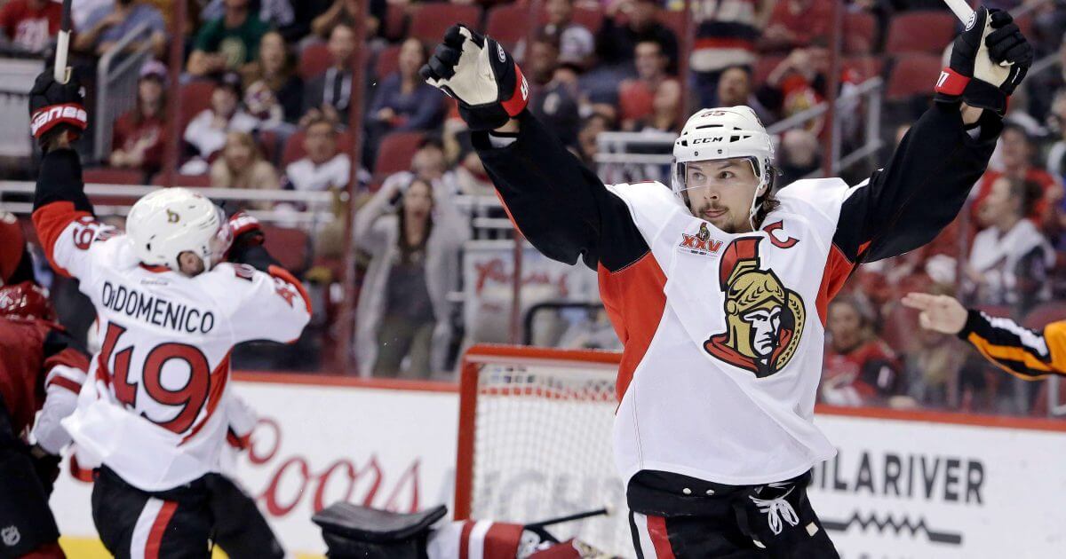 Ottawa Senators defenseman Erik Karlsson celebrates after scoring a goal against the Arizona Coyotes last season.