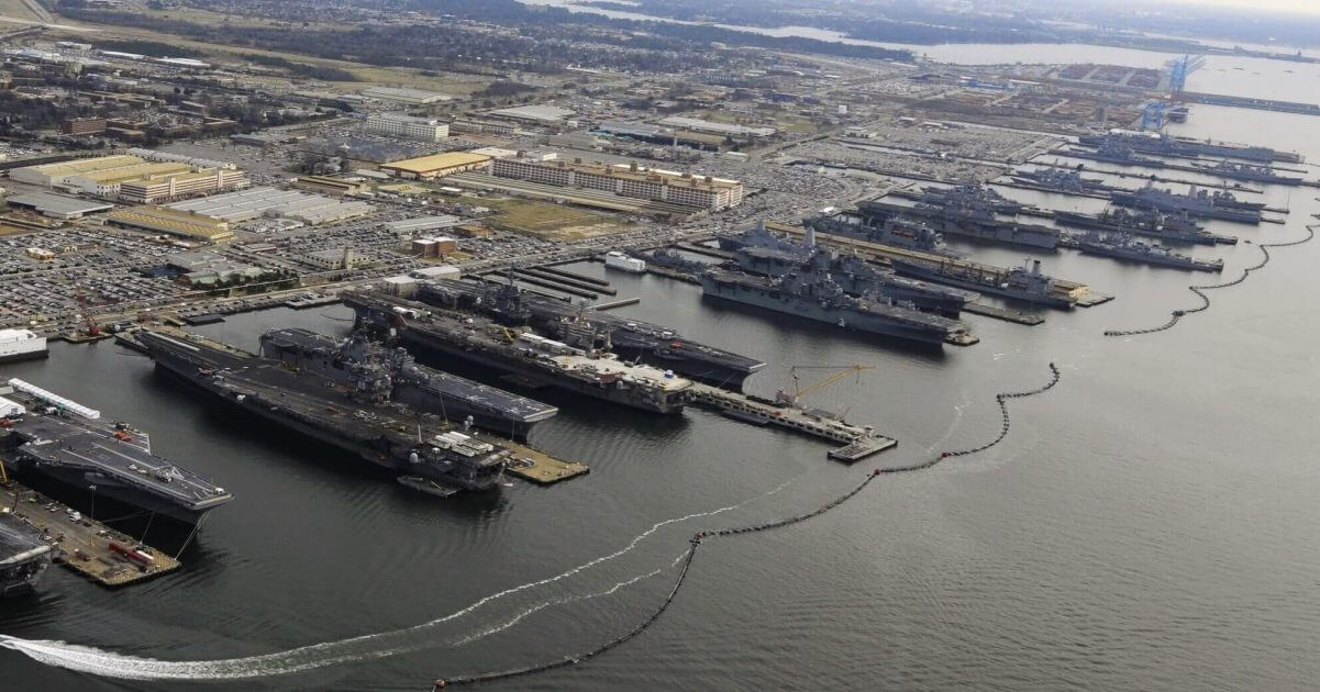 Aircraft carriers are seen from the air over Naval Station Norfolk.