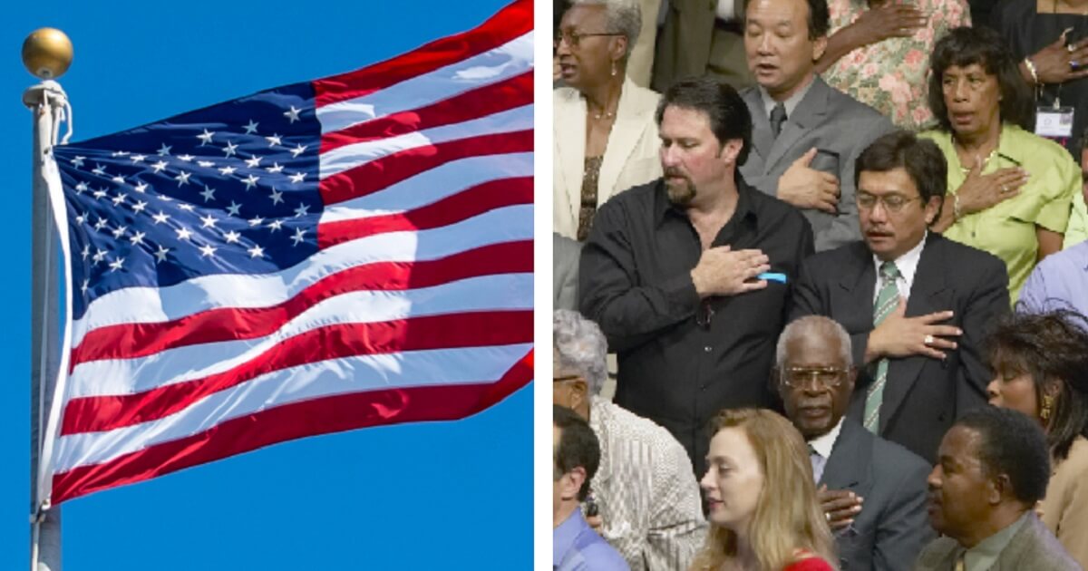 An American flag flutters in the breeze, left. Right, a group of people stand to recite the Pledge of Allegiance.