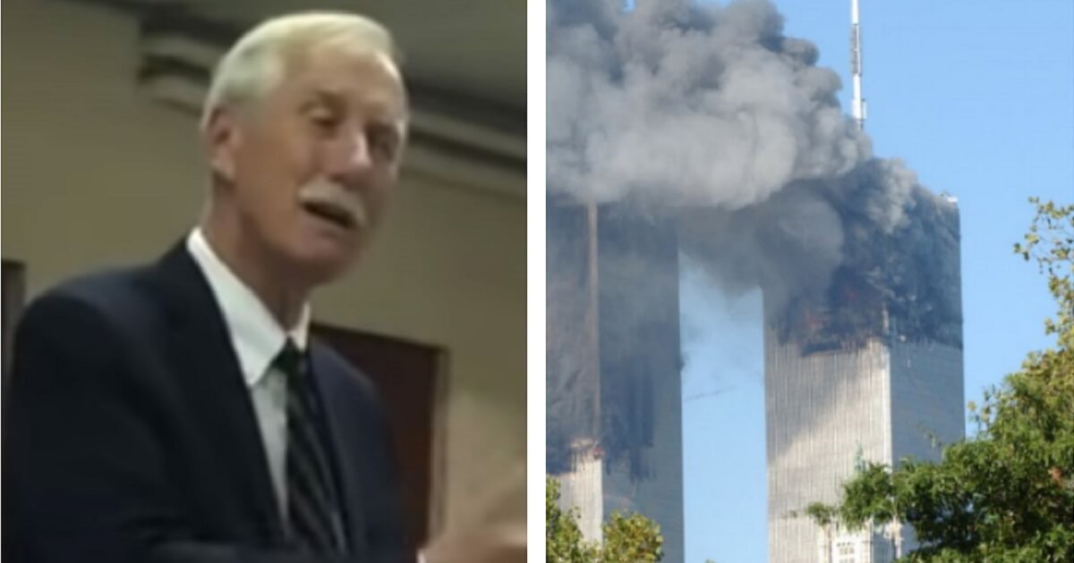 Angus King, left, next to picture of the Twin Towers on 9/11.
