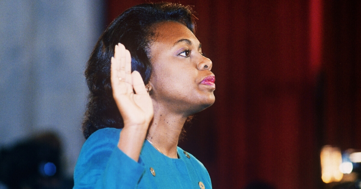Anita Hill is sworn in before the Senate Judiciary Committee in Washington on Oct. 12, 1991.