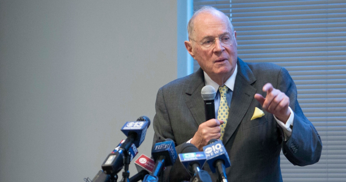 Former U.S. Supreme Court Justice Anthony Kennedy delivers the keynote speech during a luncheon held for high school civics students in Sacramento, California on Friday.