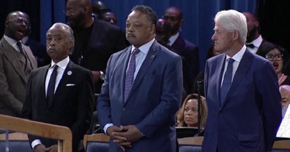 From left: the Rev. Al Sharpton, the Rev. Jesse Jackson, and former President Bill Clinton at Aretha Franklin's funeral on Friday, Aug. 31. Cropped out of the picture tweeted by NBC was Nation of Islam's Louis Farrakhan.