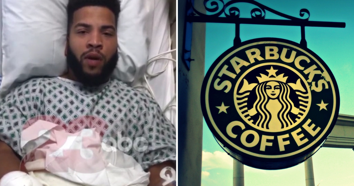 Man in hospital bed next to a Starbucks sign.