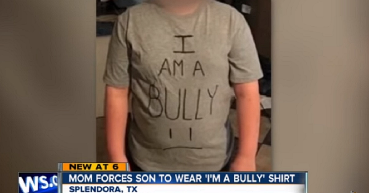 Boy wearing T-shirt that says "I am a bully" in all uppercase letters.