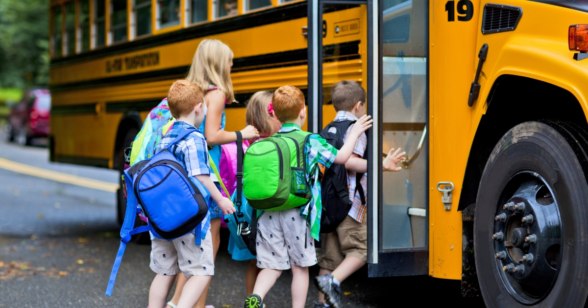 A group of young children getting on the school bus.