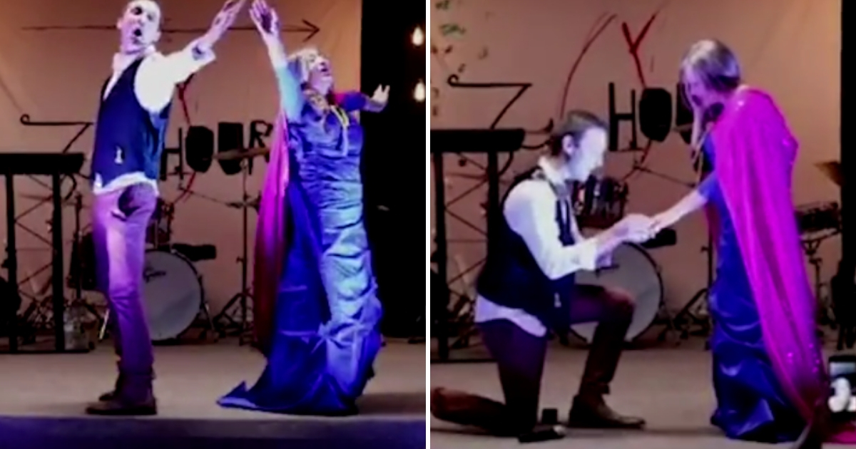 A man proposes to his girlfriend while they perform a song from the movie 'Frozen.'