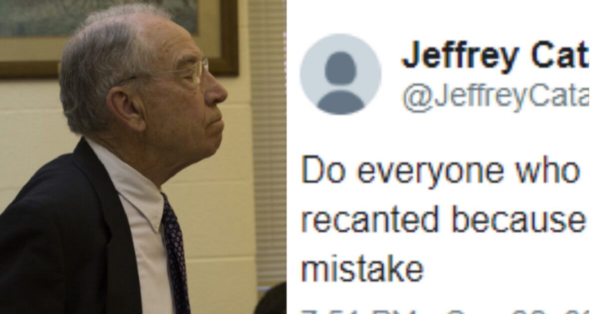 Sen. Chuck Grassley, left, and a portion of a Twitter post acknowledging the rape report was incorrect.