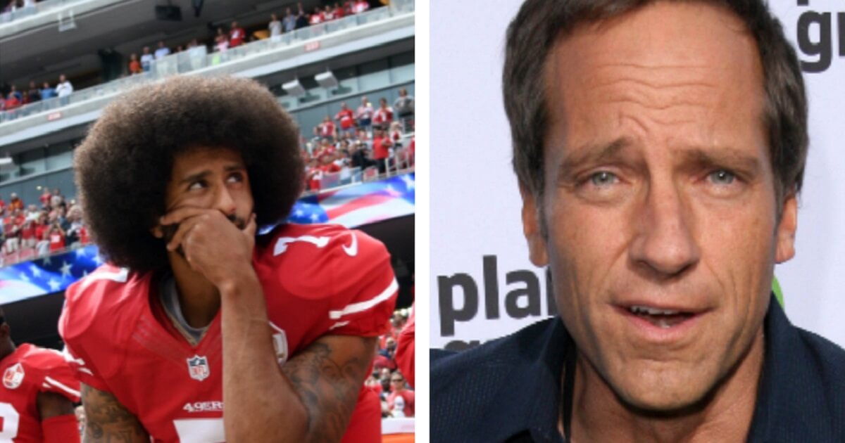 Colin Kaepernick kneeling at a 49ers game, left, and Mike Rowe, right.