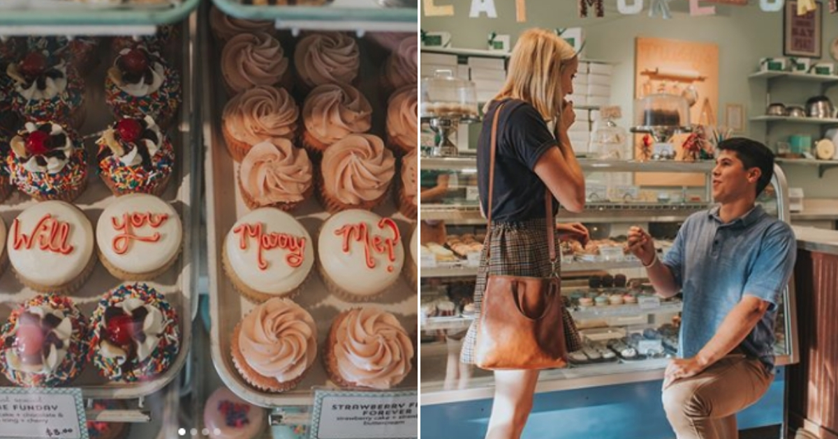 Cupcakes with the words "will you marry me" on them, left. A man down on one knee proposing to his girlfriend, right.