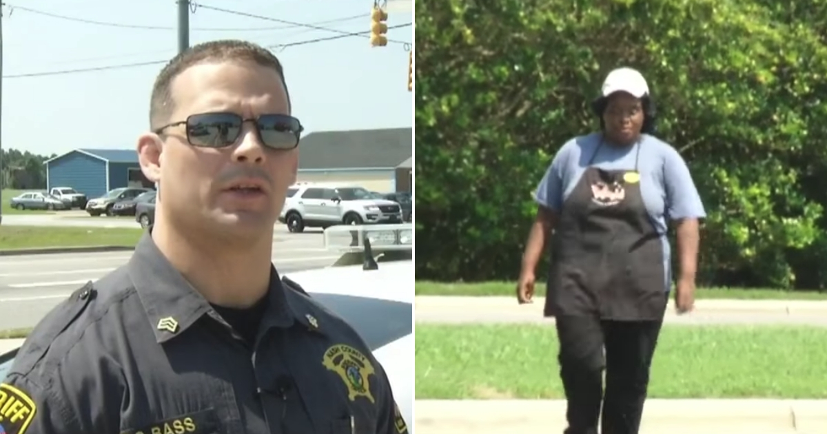 A deputy helps a woman who walks to work every day.