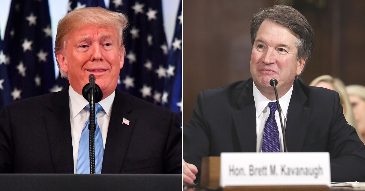 President Donald Trump at a media conference on Sept. 26, 2018, left. Brett Kavanaugh testifies before the Senate Judiciary Committee on Sept. 27, 2018, right.