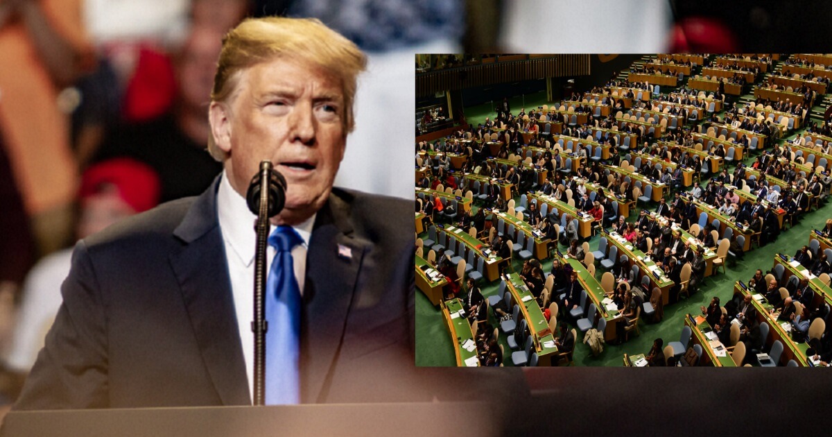 President Donald Trump standing at a podium, with a picture of the U.N. General Assembly inset
