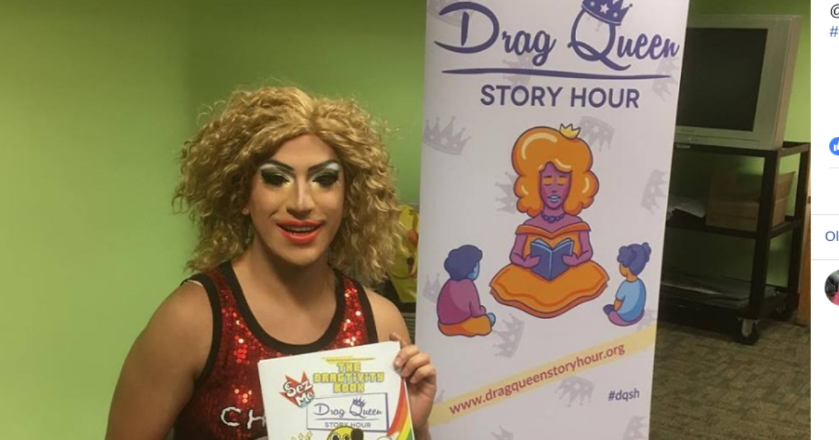 A person identified as 'Ms. B' prepares to read a book during a Drag Queen Story Hour event at a public library in New York.