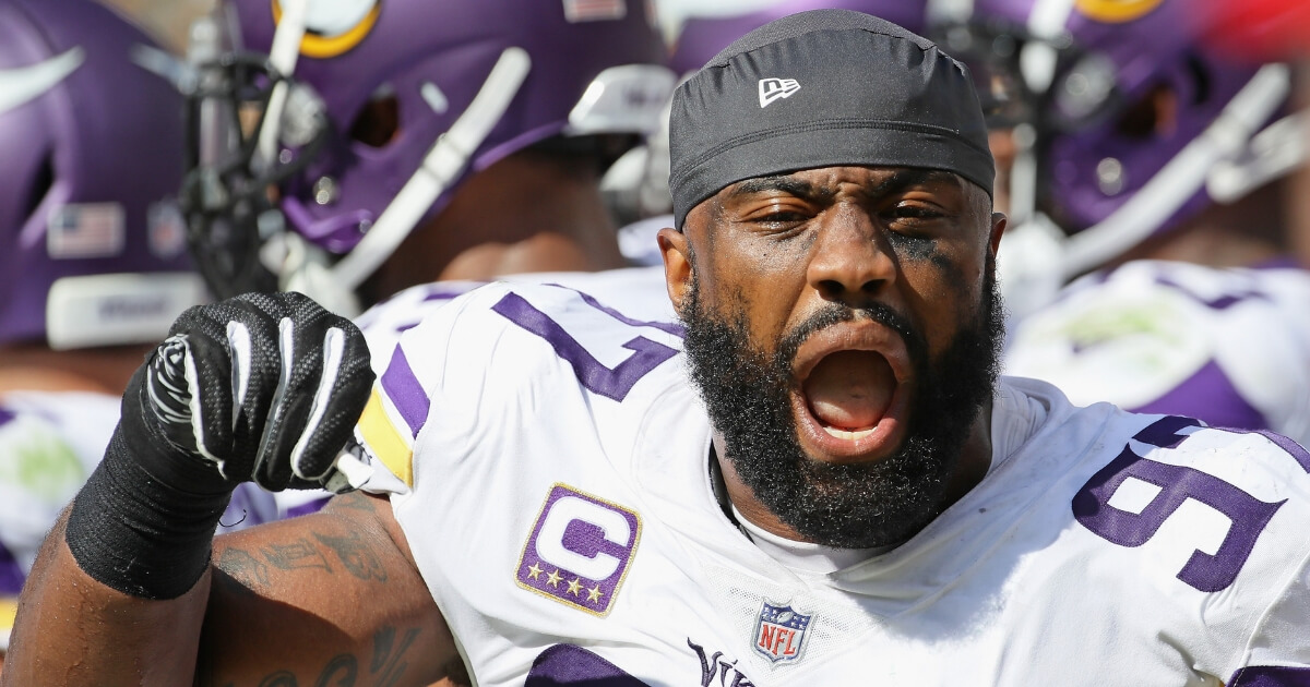 Everson Griffen of the Vikings yells on the sidelines during Minnesota's game against the Green Bay Packers at Lambeau Field on Sept. 16.