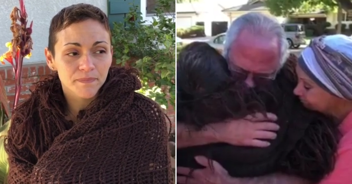 Mother talks about her son being found, left, family hugging, right.