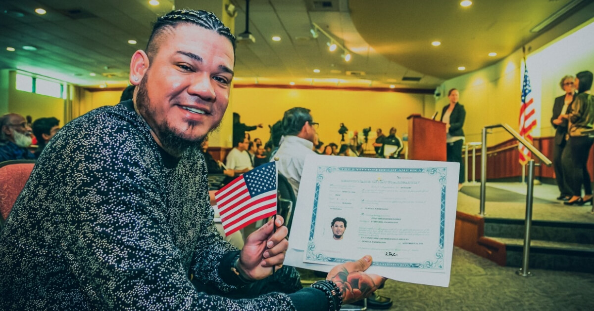 Seattle Mariners pitcher Felix Hernandez celebrates becoming an American citizen.