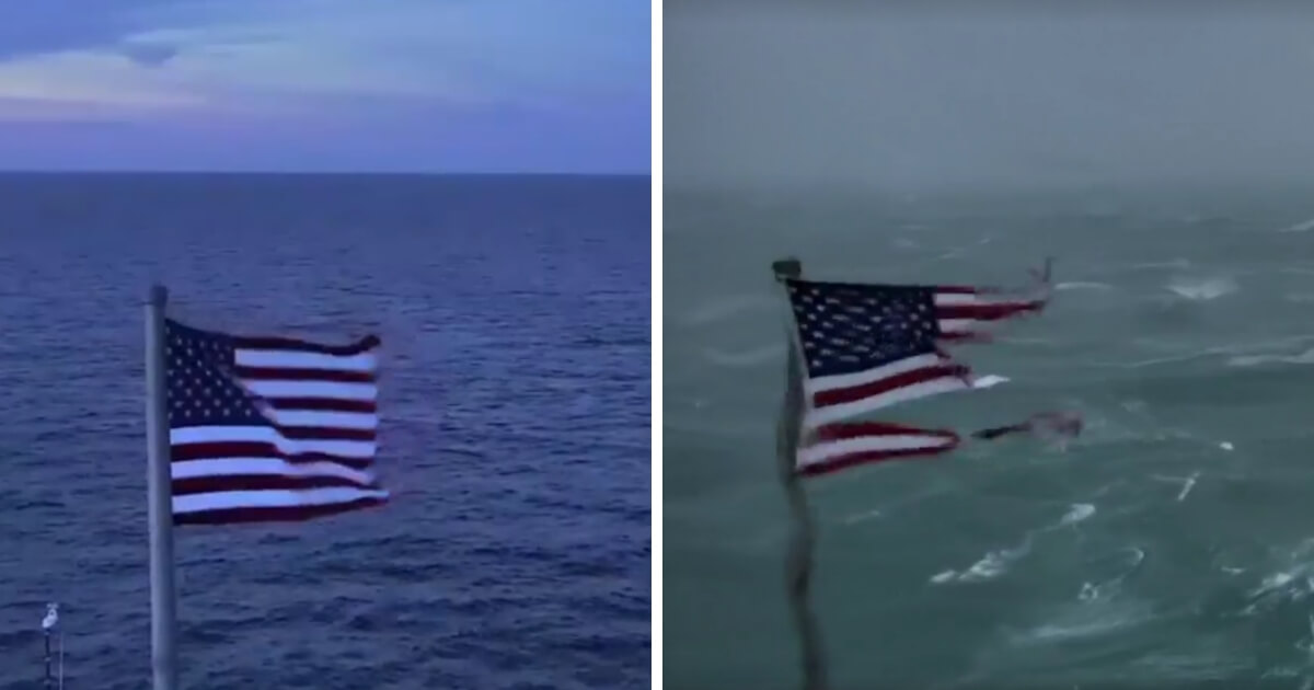 An American flag on Frying Pan Tower off the North Carolina coast was battered by Hurricane Florence until it was in tatters.