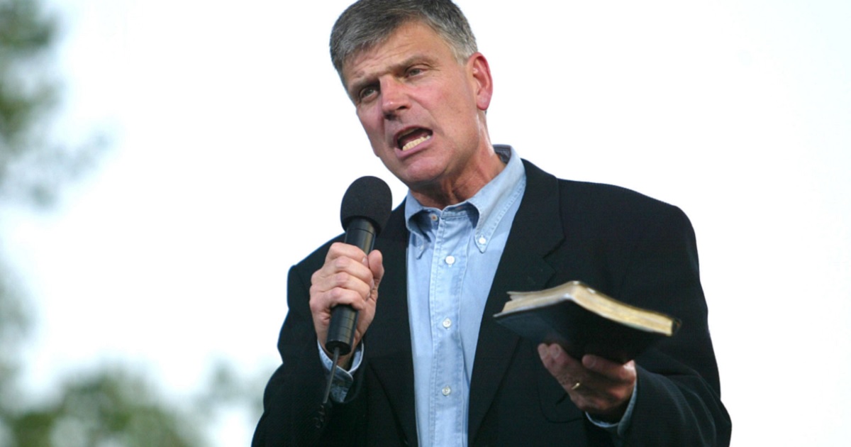 The Rev. Franklin Graham preaches during a crusade in Flushing Meadows' Corona Park in New York in 2005.