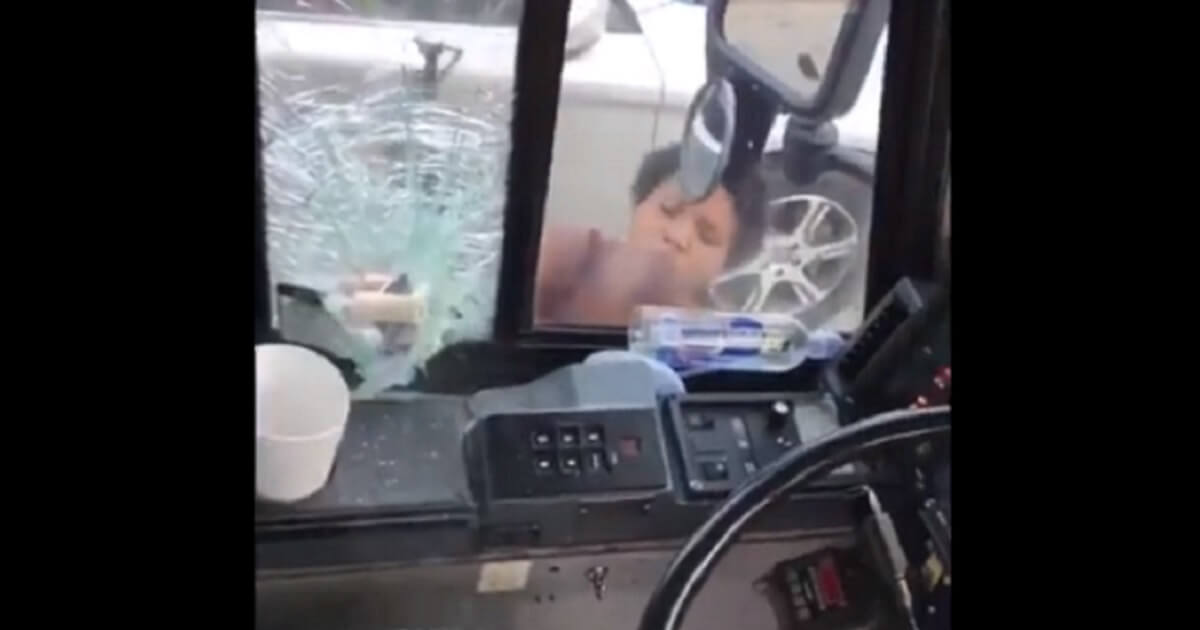 The bus windshield cracks as a woman strikes it with a baseball bat.