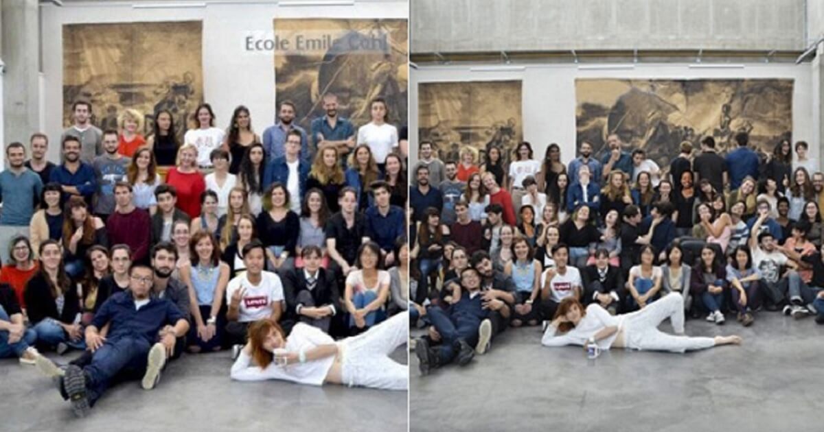 Side-by-side photos show a group of students as they were in reality, left, with a more diversity-conscious version on the right.