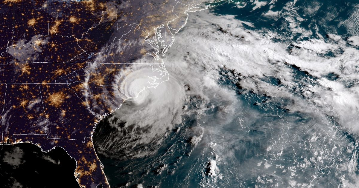 In this NOAA satellite handout image , shows Hurricane Florence as it made landfall near Wrightsville Beach, North Carolina, on September 14, 2018.