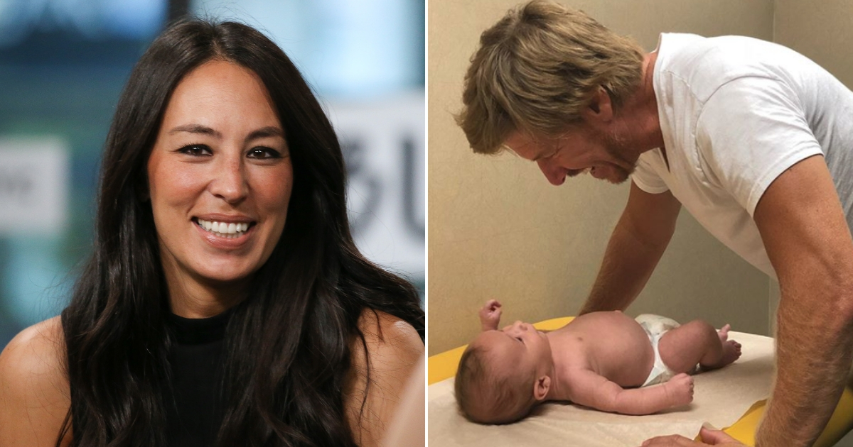 Joanna Gaines talks about new book in Oct. 2018, right, and Chip Gaines looks at baby Crew, left.