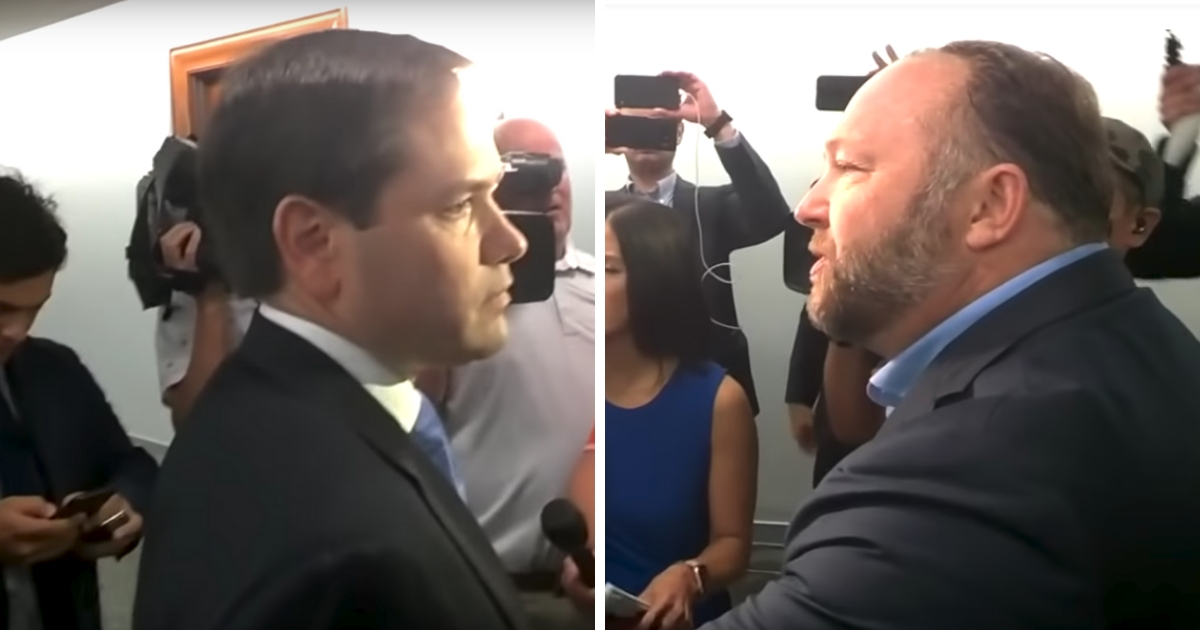 Sen. Marco Rubio is confronted by 'InfoWars' host Alex Jones on Capitol Hill Wednesday.