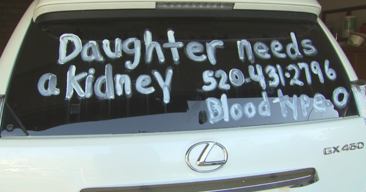 A message written on the back of a car that reads, 'Daughter needs a kidney. Blood type O'