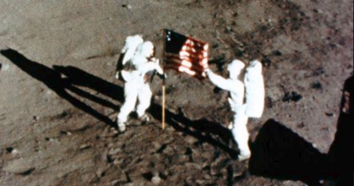 Astronauts Neil Armstrong, left, and Buzz Aldrin plant the American flag after becoming the first men to land on the moon in 1969.
