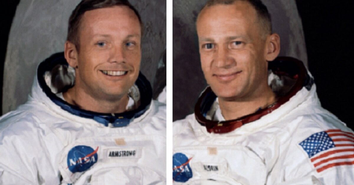NASA astronauts Neil Armstrong, left, and Buzz Aldrin in NASA official photographs.