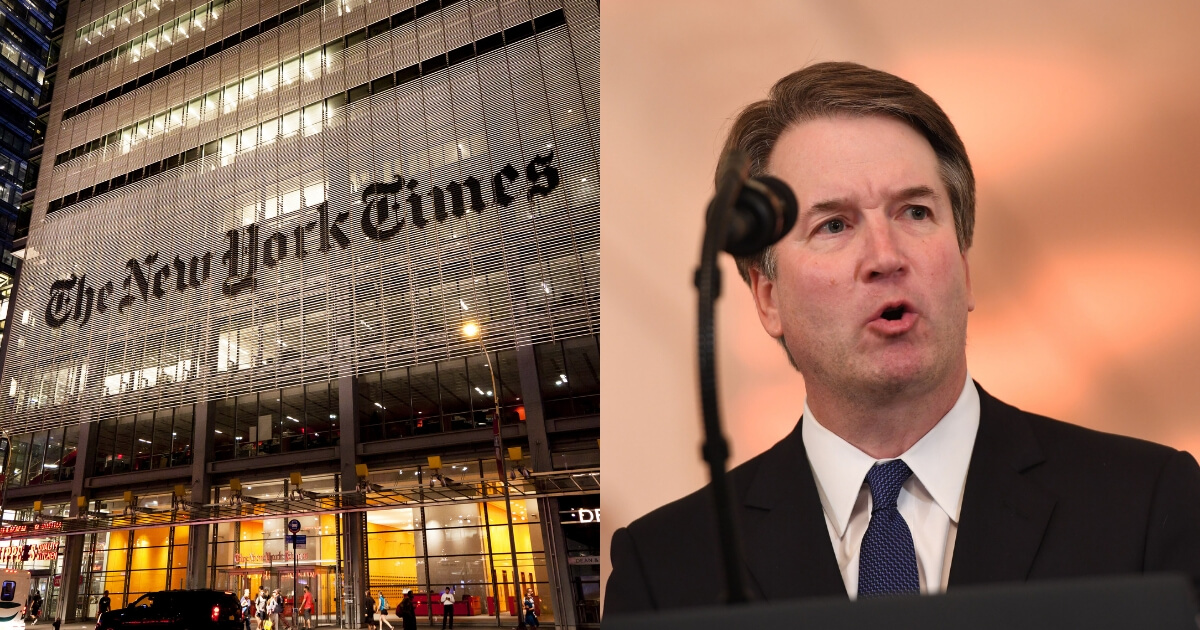 The New York Times headquarters, left, and Supreme Court nominee Brett Kavanaugh, right.