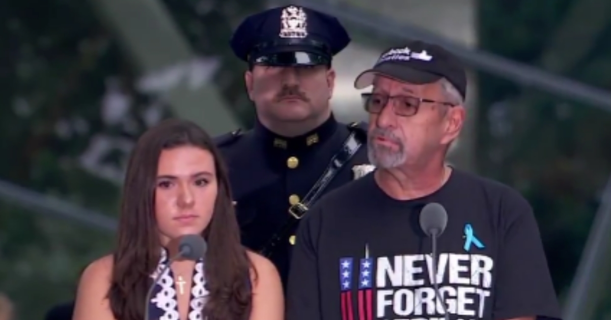 Nicholas Haros Jr, right, speaks during the 9/11 memorial service in New York City.
