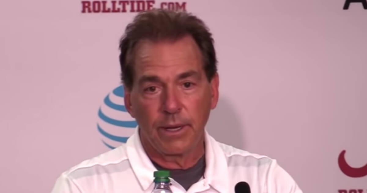 Alabama coach Nick Saban talks to the media after his team's win over Texas A&M