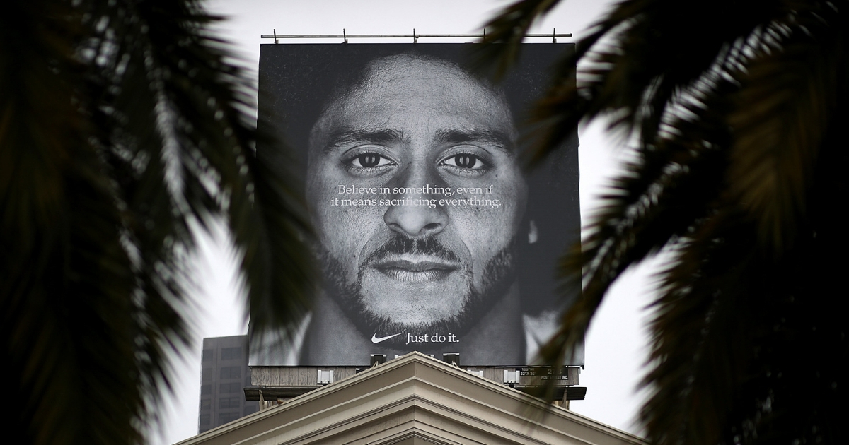 A billboard featuring former San Francisco 49ers quaterback Colin Kaepernick is displayed on the roof of the Nike Store on Sept. 5, 2018, in San Francisco, California.