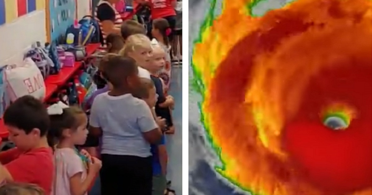 Students gather in a hallway, left. Right, satellite images shows hurricane approaching.