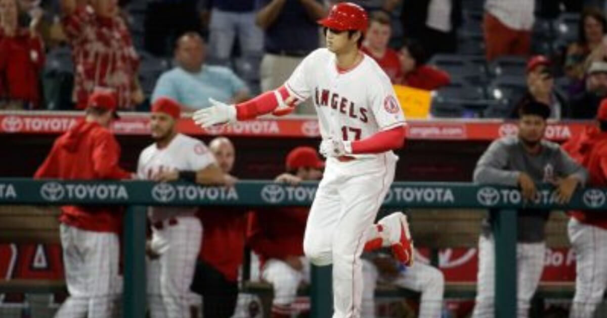 Los Angeles Angels DH Shohei Ohtani celebrates after his home run Monday night against the Texas Rangers.
