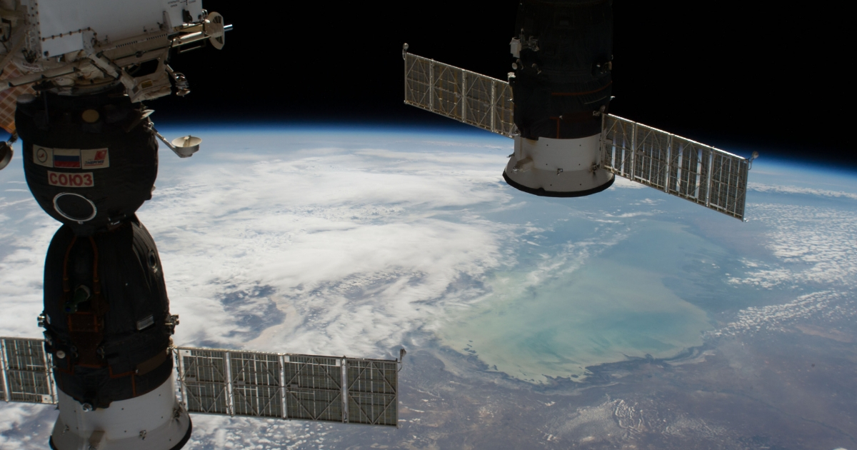 Russia's two docked spacecraft, the Soyuz MS-09 (left) crew ship and the Progress 70 resupply ship, are pictured as the International Space Station orbited nearly 254 miles above northern Kazakhstan Aug. 15.
