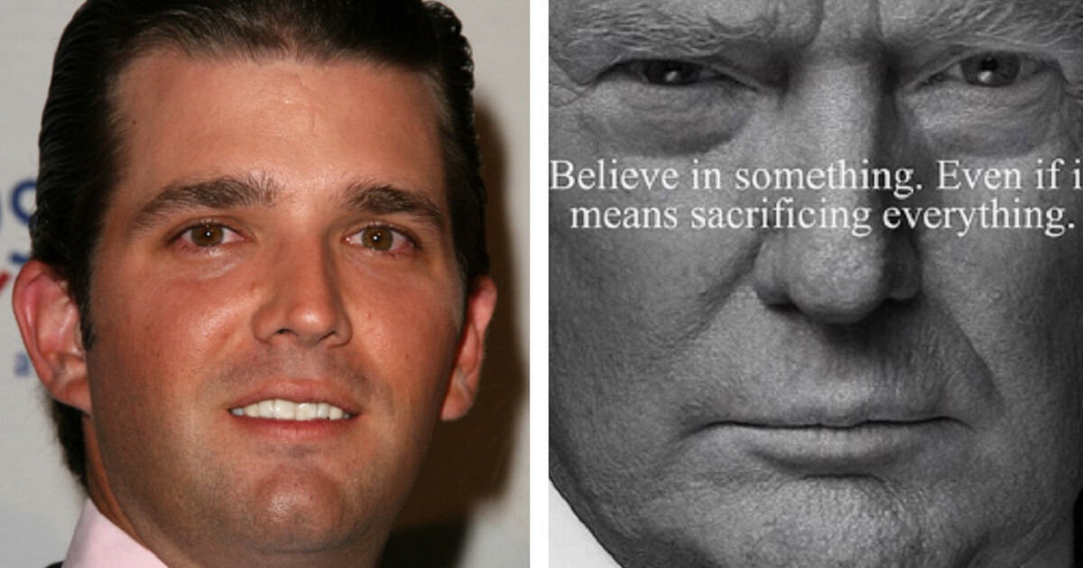 Donald Trump Jr. next to black and white picture of President Trump with the Nike theme: "Believe in something. Even if it means sacrificing everything."