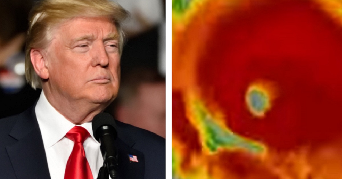 President Donald Trump, left, with image of Hurricane Florence, right.