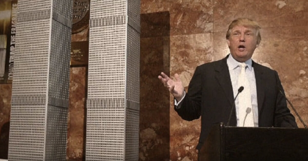 President Donald Trump is pictured from a video about proposals to rebuild the World Trade Center in New York City after 9/11.