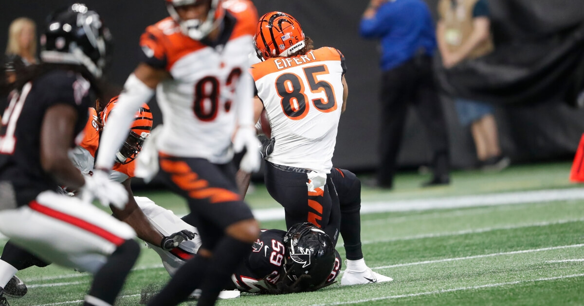 Cincinnati Bengals tight end Tyler Eifert (85) is injured against the Atlanta Falcons during the second half of an NFL football game, Sunday, Sept. 30, 2018, in Atlanta.