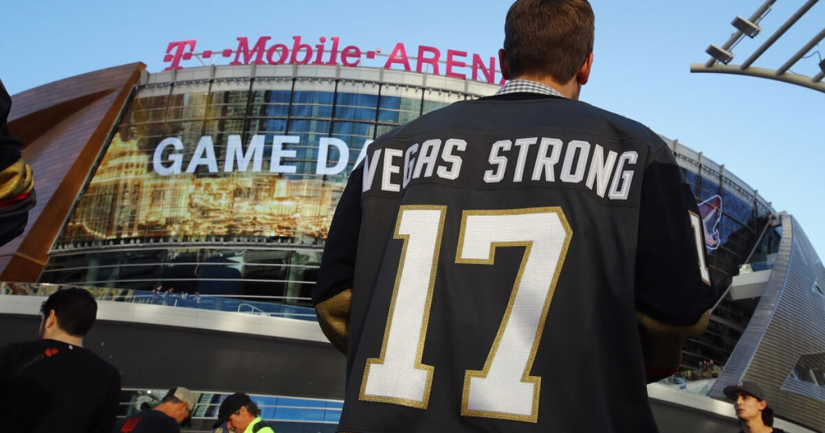 Fans arrive for the Golden Knights' inaugural regular-season home opener against the Arizona Coyotes at T-Mobile Arena on Oct. 10, 2017 in Las Vegas