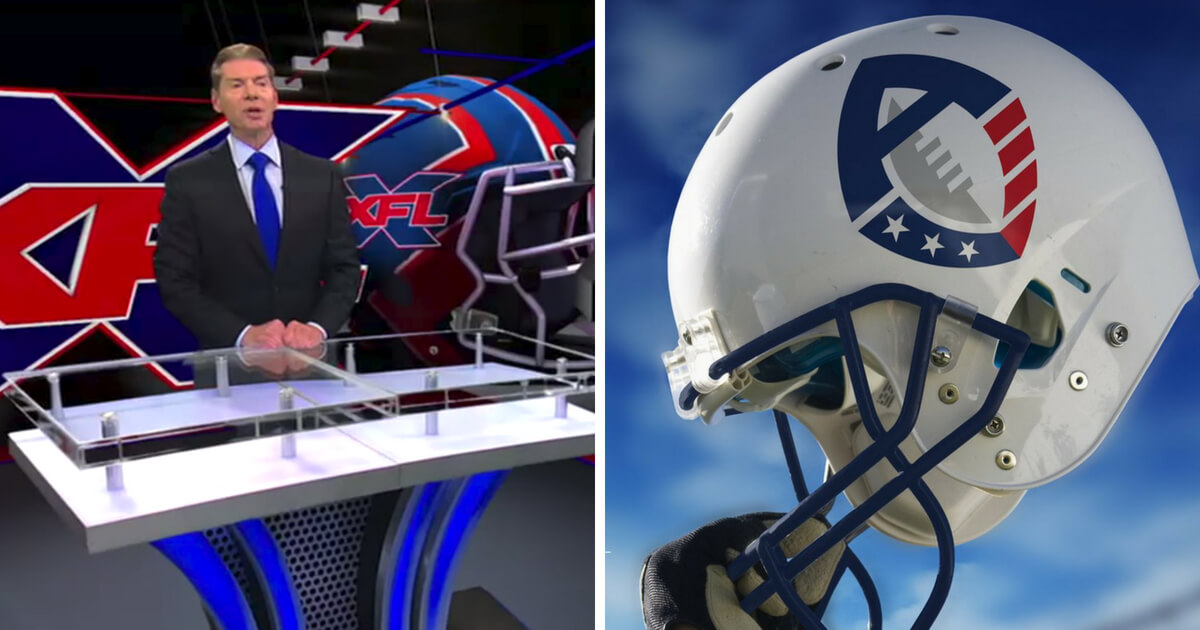 Vince McMahon announces the XFL reboot, left, next to an American Alliance of Football helmet.