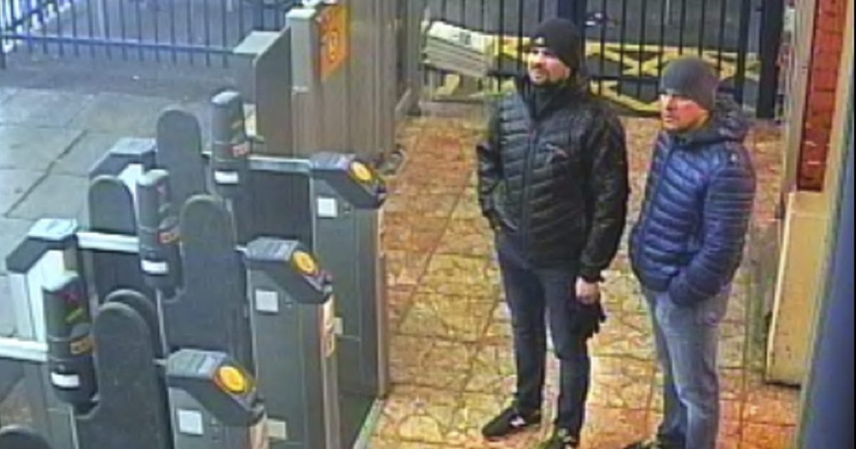 This still taken from CCTV and issued by the Metropolitan Police in London shows Ruslan Boshirov and Alexander Petrov at Salisbury train station on March 3, 2018. British prosecutors have charged the two men with the nerve agent poisoning of ex-spy Sergei Skripal and his daughter Yulia in the English city of Salisbury earlier this year.