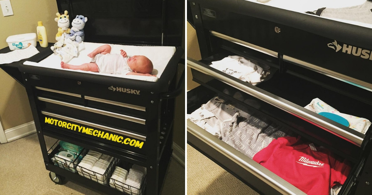 A dad repurposed a tool cart into a baby changing station
