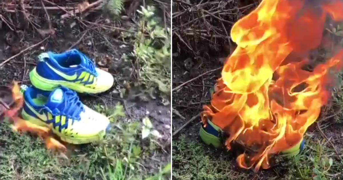 Nike shoes burning in response to Nike's support of Kaepernick.