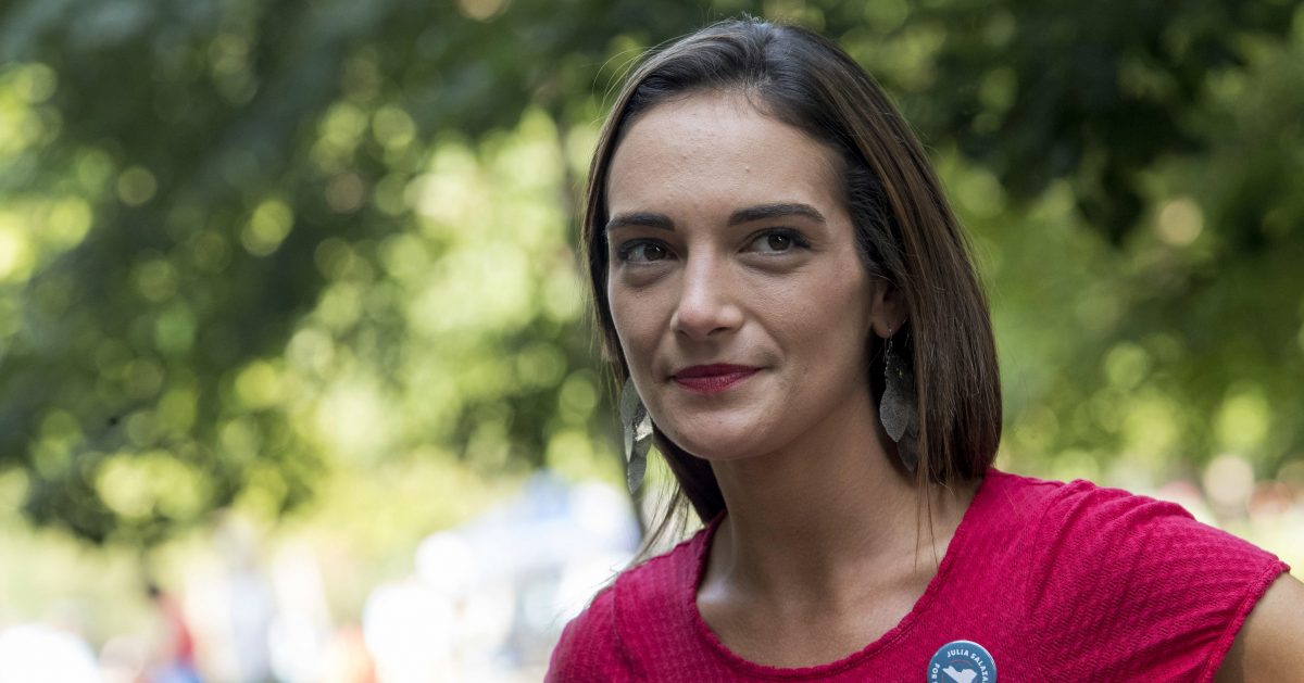 enate candidate Julia Salazar smiles as she speaks to a supporter before a rally in Brooklyn.