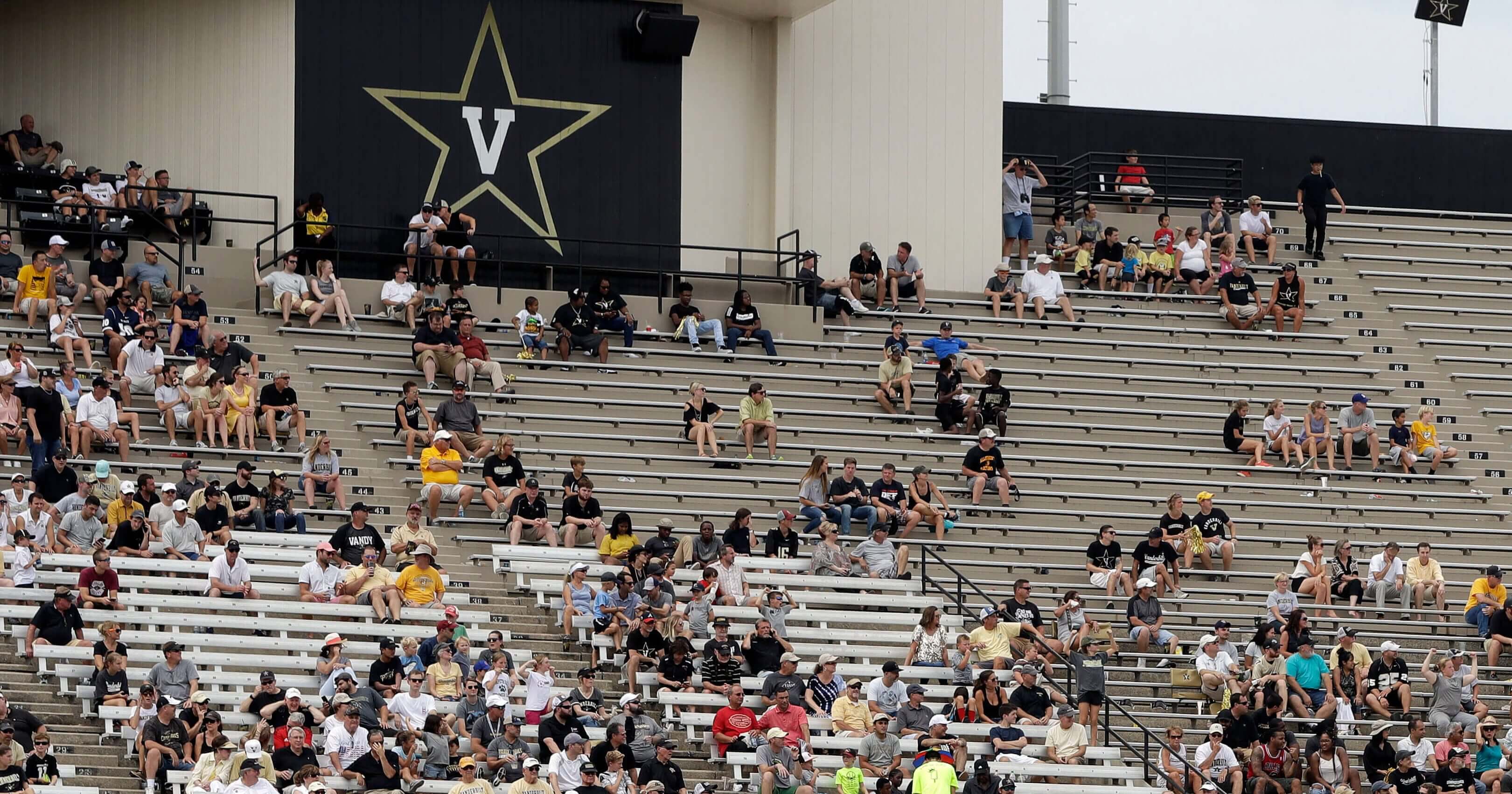 Fans sit in the stands at Vanderbilt Stadium in Nashville, Tennessee, during the second half of Vanderbilt's game against Nevada on Sept. 8. It will be a Virginia home game played on the road when the Cavaliers and Ohio meet at Vanderbilt Stadium on Saturday in a game that was moved earlier in the week with Hurricane Florence bearing down on the Mid-Atlantic Region.