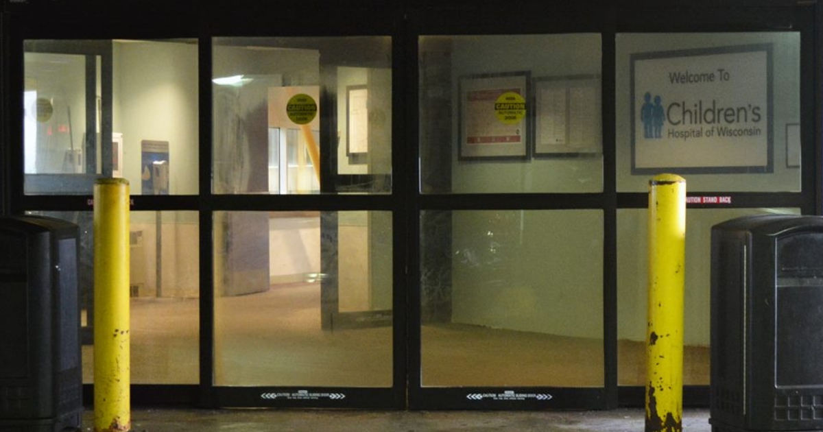 Sliding glass doors of a children's hospital.
